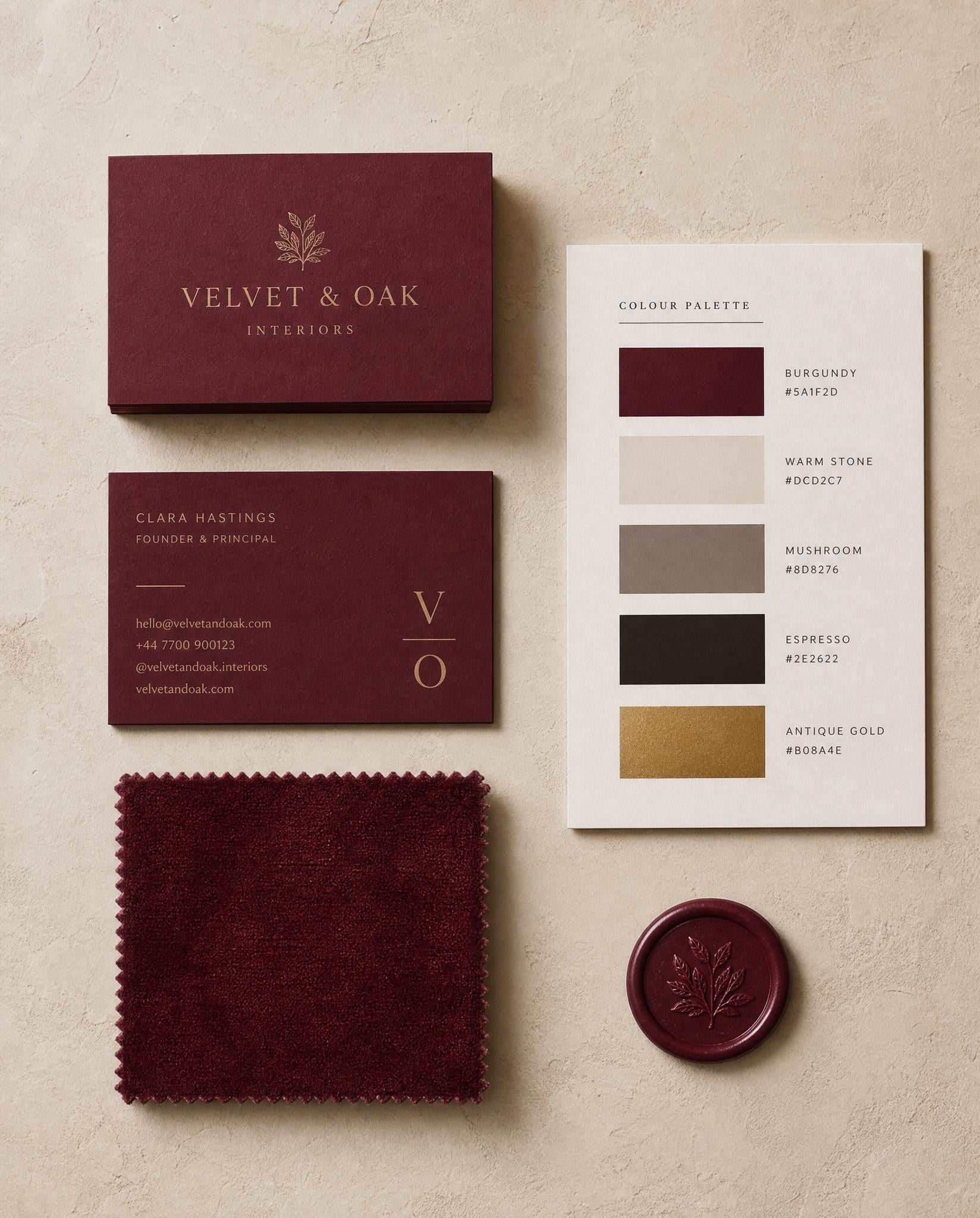 A luxury brand identity kit — colour palette, typography cards and a fabric swatch